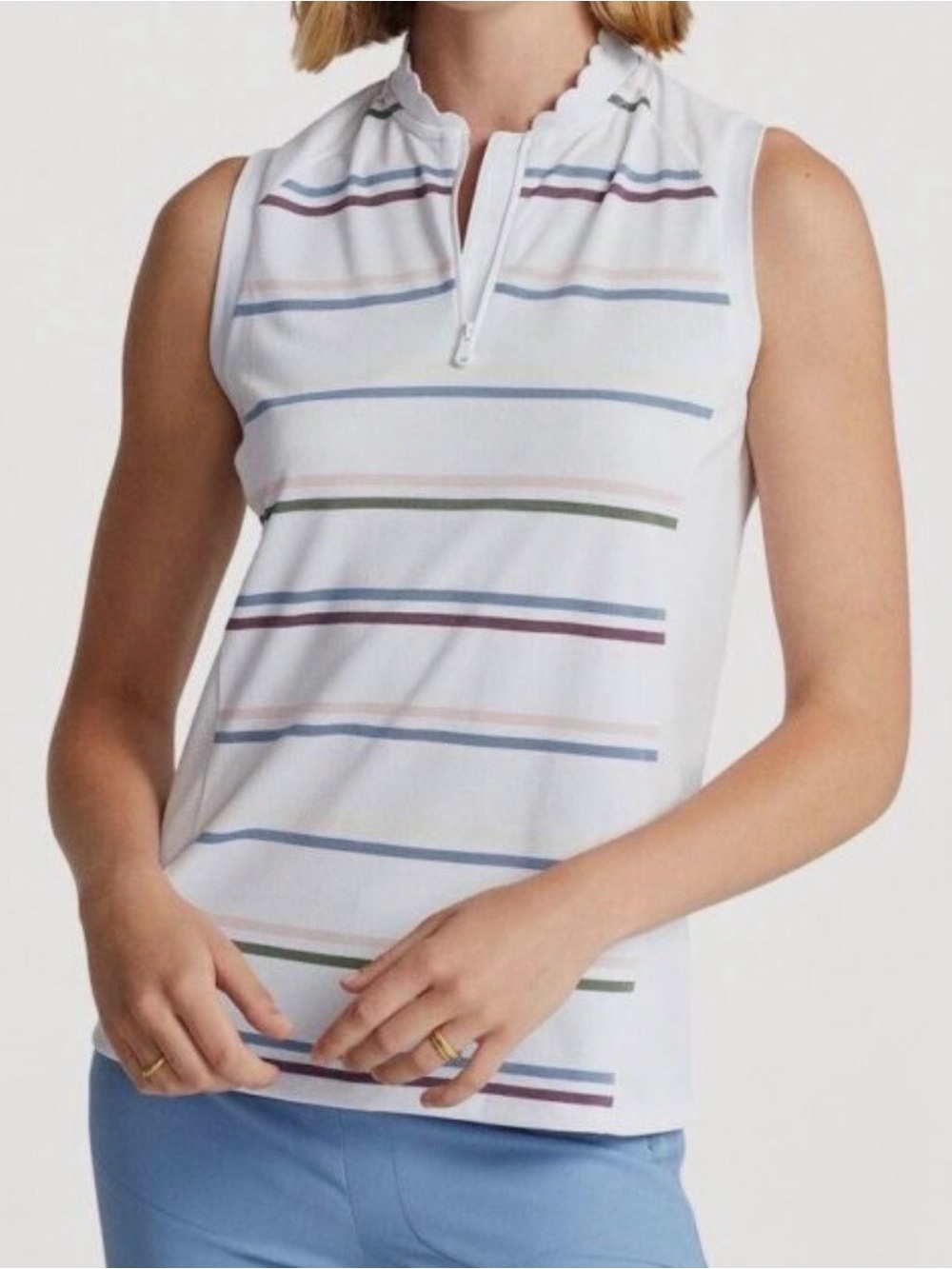 Ralph Lauren Sleeveless Polo with Multi-Color Stripes and Scalloped Neck